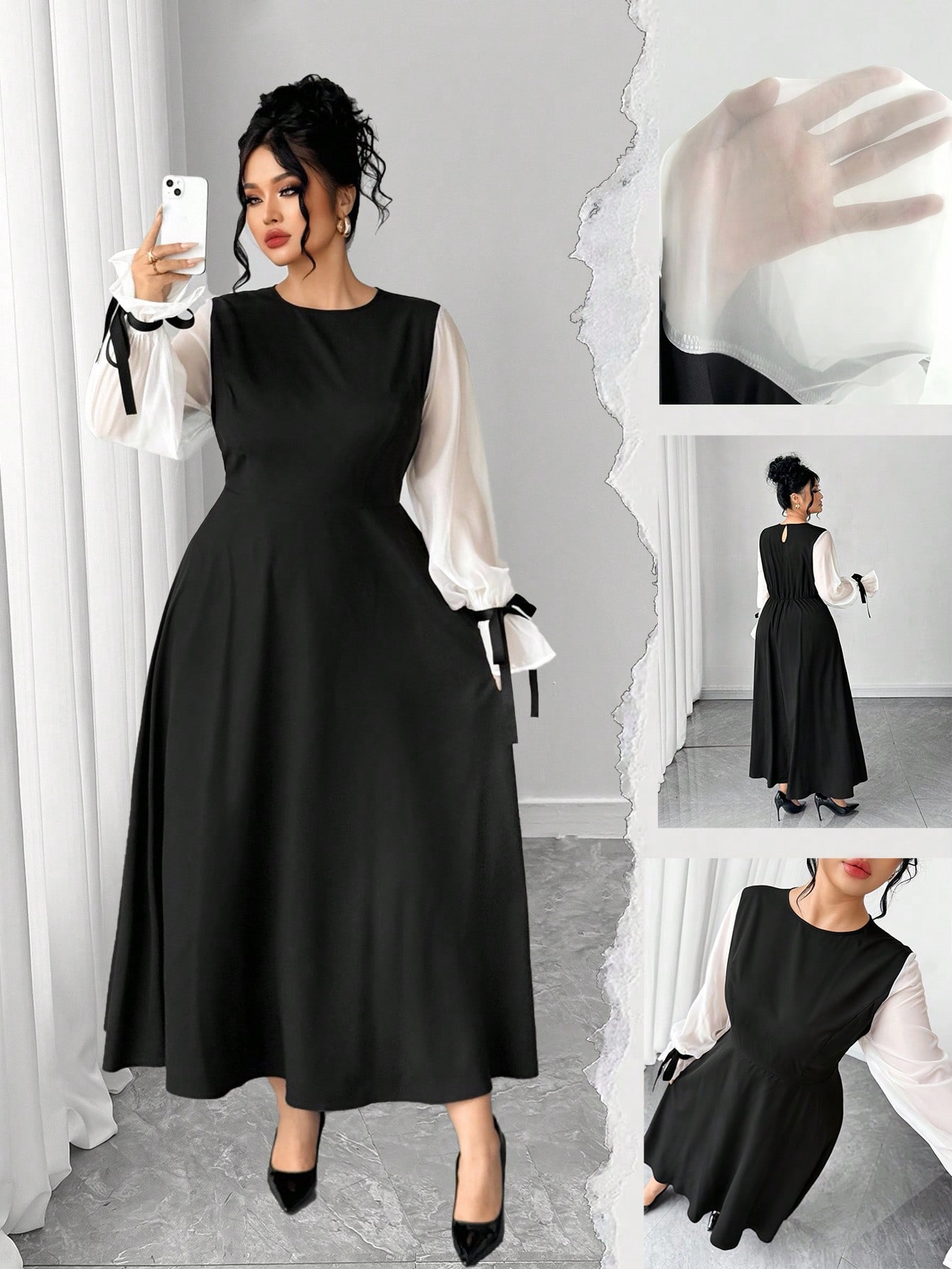 Elenzga فستان ميدي بلون مكعب مع ربطة، مناسب للارتد...