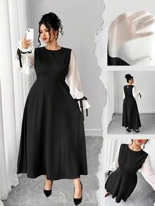 Elenzga Christmas Plus Size Color Block Lace-Up Midi Dress, Suitable For Daily Commute, Party And Other Occasions - Embrace Your Inner Shadow Dark Feminine Fashion