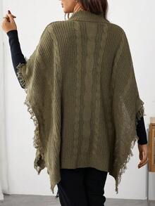 SHEIN Suéter holgado de maternidad con diseño de flecos, mangas de murciélago y cuello de tortuga con patrón de cable, otoño - Verde militar - Ver 2