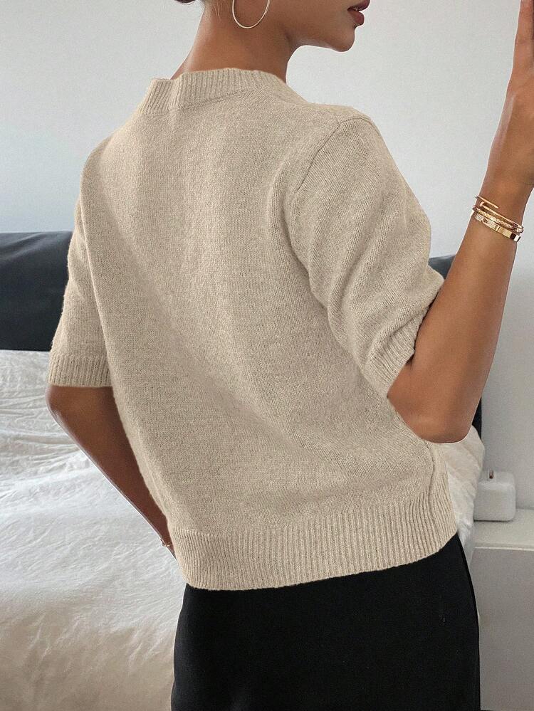 Heart Decor Loose Fit Short Sleeve Crew Neck Casual Knit Top For Women, Spring/Autumn