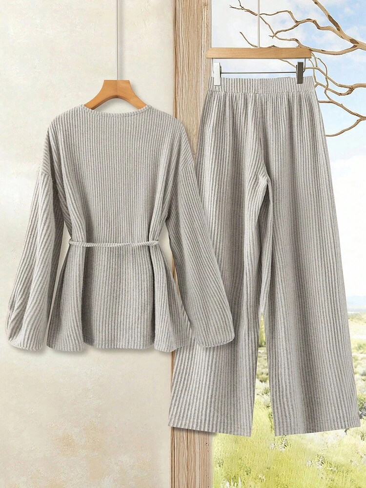 Minimalist Casual Solid Color Textured V-Neck Tie Knit Top And Loose Knit Pants Set Winter Clothes For Women Thanksgiving Outfit For Women Elegant Women's Set,Cozy Fall And Winter Clothes For Women