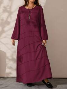 EMERY ROSE Plus Size Women's Solid Color Round Neck Long Lantern Sleeve Loose Casual Dress - Burgundy - View 4
