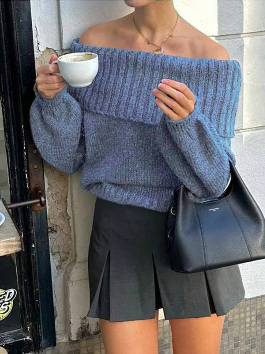 INAWLY Women's Casual Solid Color Off-Shoulder Loose Knit Sweater, Autumn/Winter - Dusty Blue - View 1