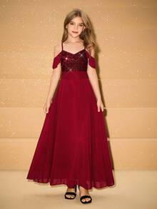 优雅奢华的勃艮第雪纺亮片细肩带长裙，适合少女穿着，适合晚会、宴会、婚礼、花童、毕业典礼、圣诞节、万圣节等场合 - 酒紅色 - 查看 6