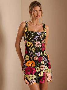 SHEIN BAE Winter Women's Cocktail Party Nightclub Event Outing: Solid Black Mini Dress With Exquisite 3D Floral Square Neck, Elegant Cocktail Party Dress, Suitable For Nightclub, Party, Formal Occasions, Holiday Events, Christmas,Floral Dress - Black - View 5