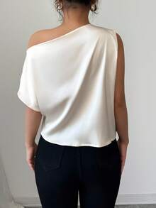 Chiquease Women's Satin Pleated Asymmetric Shoulder Blouse, Elegant And Relaxed Style For Banquet, Commute, Casual Wear, Spring/Summer French Style One Shoulder Shirt One Shoulder Top One Sleeve Top Off Shoulder Shirts Draped Top Off Shoulder Blouse - Apricot - View 2