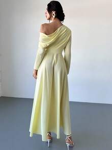 Firerie 女士优雅日常时尚新款浅黄色不对称露肩长袖超长连衣裙，A 字腰收腰奶油黄色长裙，适合毕业典礼、派对、下午茶、海滩、茶会、优雅、通勤、约会、婚礼季、毕业装、舞会、表演服、音乐会、工作服、年会 - 黃色 - 查看 9