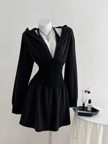 SHEIN Unity 1 件女式黑色蕾丝边收腰连帽连衣裙，休闲/日常穿着，秋季 - 黑色 - 查看 4