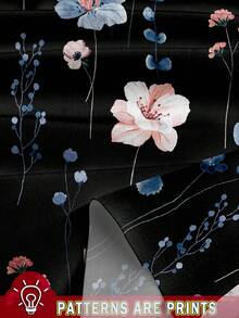 EMERY ROSE 大码女式休闲度假黑色V领荷叶袖宽松蓝白碎花印花雪纺衬衫，女士夏季度假时尚上衣 - 黑色 - 查看 3