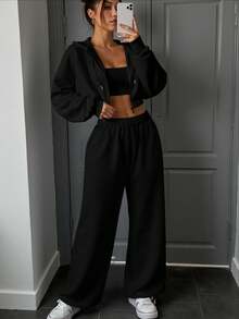 INAWLY 2 件女士休闲纯色短款抽绳连帽运动衫和运动裤套装，秋冬