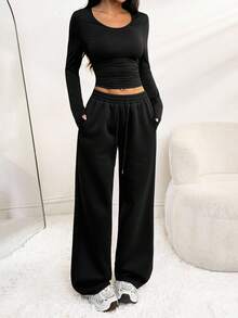 SHEIN PETITE Bộ 2 áo thun dài tay cổ tròn ôm vừa vặn màu trơn và quần dài cho nữ, màu đen, nhỏ nhắn, thu đông - màu đen - Xem 8