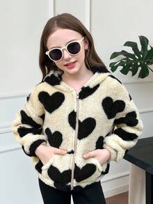 SHEIN Serisse Kids Kurtka z polaru dla dziewczynek w kształcie serca, z kapturem i zamkiem błyskawicznym, idealna na jesień/zimę, idealna na zewnątrz i do szkoły