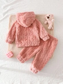 SHEIN Playful Pals 2 件套女婴春秋休闲风格套装保暖长袖上衣和长裤 - 粉色 - 查看 2