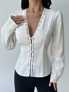 Firerie Women's Elegant Off-White Autumn Dinner Date Lace Patchwork V-Neck Long Sleeve Button Front Cotton Blend Fitted Shirt,Daily Casual Commute Office Wear - White - View 3