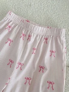 SHEIN 2 件套 Tween 女童可爱蝴蝶结装饰口袋领长袖上衣和宽松直筒睡裤套装，休闲睡衣