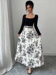 Elenzga 女式复古优雅拼色方领长袖连衣裙 - 彩色 - 查看 4