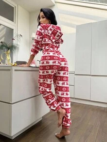 SHEIN 女士法兰绒圣诞鹿印花可爱连帽蓬松连体衣，冬季保暖舒适 - 紅色 - 查看 2