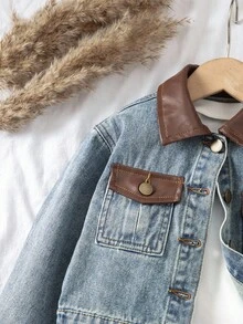 SHEIN Young Girl Denim Jacket And Coat, Retro American Niche Casual Cool Denim Jacket, New Design Contrast Color Splicing Leather Jacket, Blue Denim Top Fall Winter