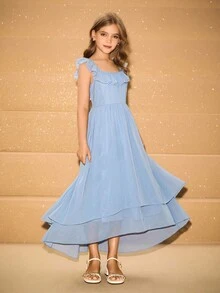 女童甜美飘逸方领荷叶边下摆长裙，适合花童、婚礼、舞会、生日派对、返校、毕业典礼、圣诞节、万圣节 - 藍色 - 查看 3