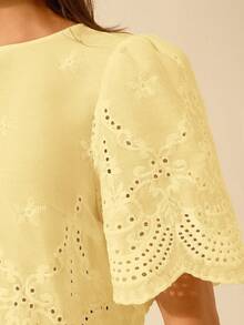 Women's Vacation Casual Water-Soluble Lace Hollow, Shoulder Ruched Cropped Top - Yellow - View 5