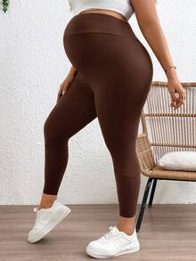 Plussiva 纯色可调节腰围孕妇紧身裤 - 棕色 - 查看 7