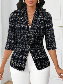 SHEIN Lady Women's Plaid Lapel Neck3/4 Sleeve Single-Breasted Casual Blazer Jacket, Autumn - Multicolor - View 4