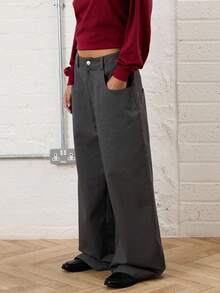 COUREZ Pantalones súper holgados de tiro bajo con detalles de pespunte en contraste / Pantalones góticos y sexys para salir para mujeres en primavera, estilo Y2K - Gris - Ver 4
