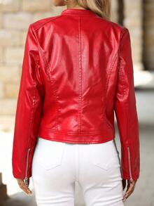 SHEIN Clasi 女式休闲 PU 皮革修身拉链夹克，带保暖衬里，秋冬 - 紅色 - 查看 2