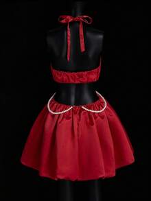 SHEIN ICON Women's Red Pearl Decor Backless Halter Mini Dress, Red - Red - View 2