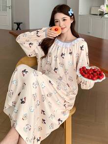 DAZY Camisola Longa Solta Feminina com Estampa de Filhote de Cachorro Cartoon, Gola Babado com Recorte Contrastante, Pijama de Outono - Damasco - Visão 5