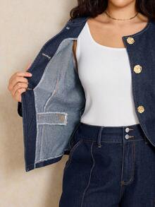 Elaquor Áo khoác denim xanh đậm cỡ lớn, tay dài, eo có cúc kim loại hình hoa hồng, phù hợp mặc theo phong cách Pháp thanh lịch trong mùa thu cho nữ - Rửa tối - Xem 7