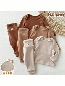 Loomiva 6pcs Newborn Baby Boy/Girl Soft Knit Crew Neck Long Sleeve Top And Elastic Waist Long Pants Set