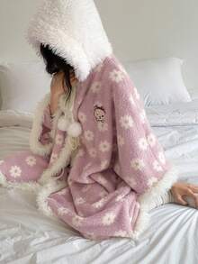 DAZY 可爱小熊刺绣和花卉印花撞色法兰绒连帽睡袍，女士秋冬保暖睡衣 - 粉色 - 查看 7
