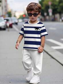 SHEIN 2件套男童休闲条纹圆领短袖上衣和裤子套装 - 彩色 - 查看 2