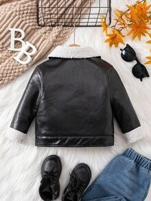 SHEIN 女婴可爱黑色 PU 皮革保暖内衬翻领夹克，百搭秋冬装 - 黑色 - 查看 2