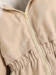 Teen GirlCasual Loose Fit Thickened Faux Fur Collar Waist Cinched Mid-Length Jacket, Autumn/Winter, Korean Style - Apricot - View 3