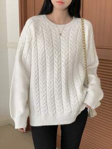 DAZY 女士圆领套头毛衣，柔软蓬松，宽松露背系带设计，秋冬度假必备 - 白色 - 查看 2