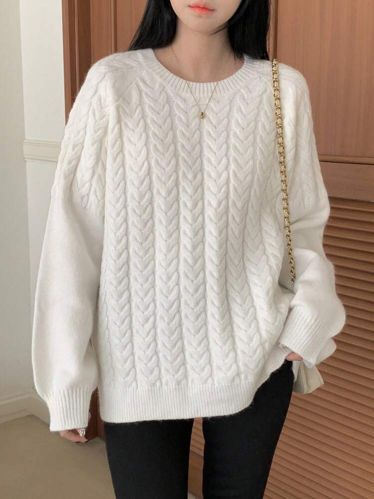 Round Neck Pullover Soft & Fluffy Cable Knit Sweater For Women, Loose Fit Backless Tie-Up Design, Autumn/Winter Vacation