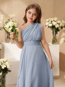 SHEIN Tween Girls Elegant Flower Girl Dress For Wedding, Ruffled Chiffon Shawl Mid-Calf Length Formal Gown For Tween Girl, Princess Style Puffy Fall Winter - Blue - View 4