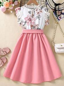 SHEIN Tween Girl Floral Print Ruffle Trim Belted Dress,Holiday,Summer,Travel - Multicolor - View 2