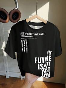 SHEIN Young Boys' Casual Korean Style Letter & Graphic Print Crew Neck Short Sleeve Knit White T-Shirt, Suitable For Commuting, School, Daily Casual, Vacation, Sports, Spring, Summer, Autumn, Winter Seasons