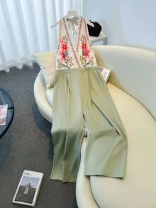 SHEIN Clasi 大码玫瑰印花撞色系带前开优雅浪漫阔腿连体裤，新款，情人节