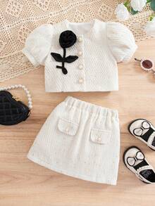 SHEIN 年轻女孩优雅白色粗花呢3D花卉泡泡袖夹克和裙子套装 - 白色 - 查看 2