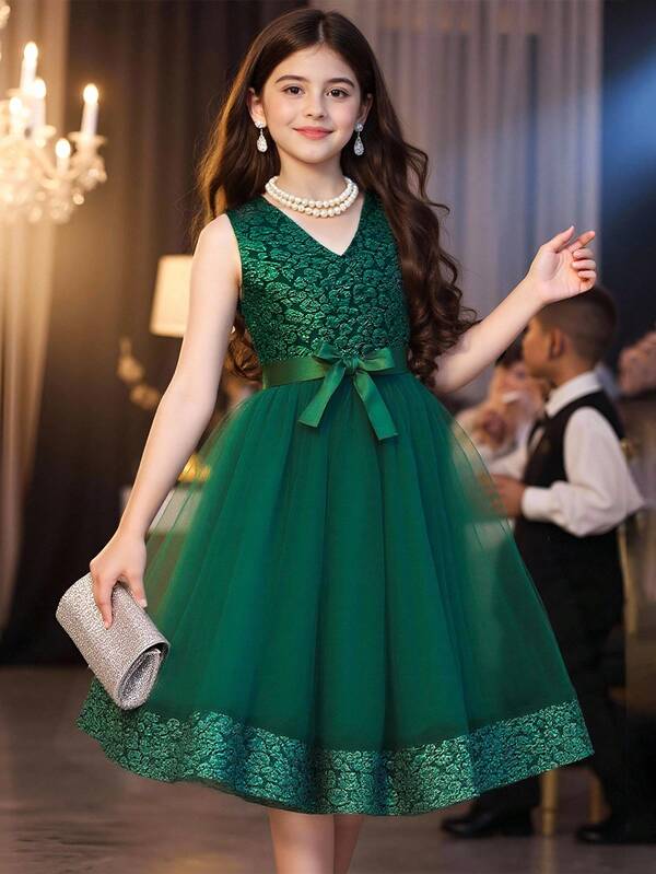 Vestido De Niña Tween En Tejido Jacquard Verde