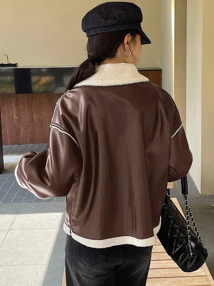 Women's Casual Contrast Color Faux Shearling Jacket, Autumn/Winter Leather Jacket Women Coats