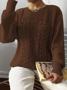 Elenzga 大码女式休闲纯色圆领长袖毛衣 - 咖啡棕 - 查看 1