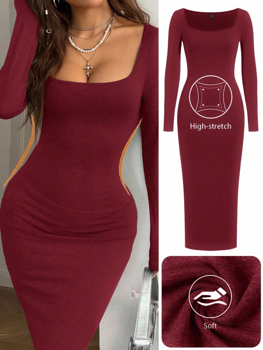 SHEIN EZwear 女式春夏基本款针织灰色修身方领长袖连衣裙 - 酒紅色 - 查看 1