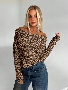 Aloruh 休闲性感优雅浅棕色豹纹不对称露肩长袖修身女式 T 恤，百搭复古性感风格，适合秋冬季、派对 - 彩色 - 查看 5