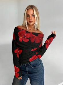 Aloruh Women's Elegant Black And Red Flower Allover Print Open Shoulder T-Shirt, Asymmetrical Cinched Waist Long Sleeve Top For Autumn Night Out Party - Multicolor - View 5