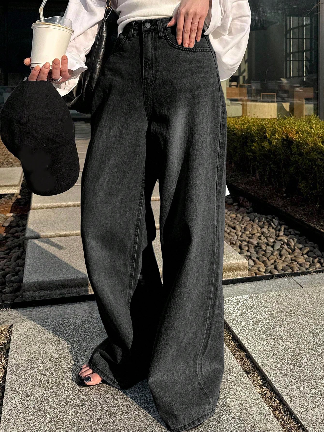 DAZY بنطلون جينز واسع الخصر مخصر، مستقيم الساق، بس...